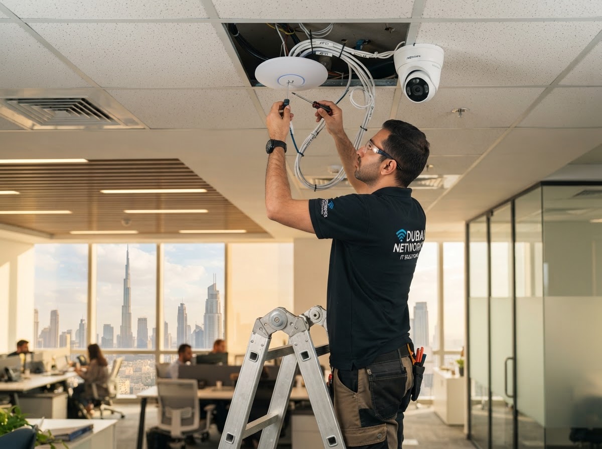 A Dedote IT technician in a branded dark T-shirt installing both a network access point and a CCTV security camera on the ceiling of a modern Dubai office