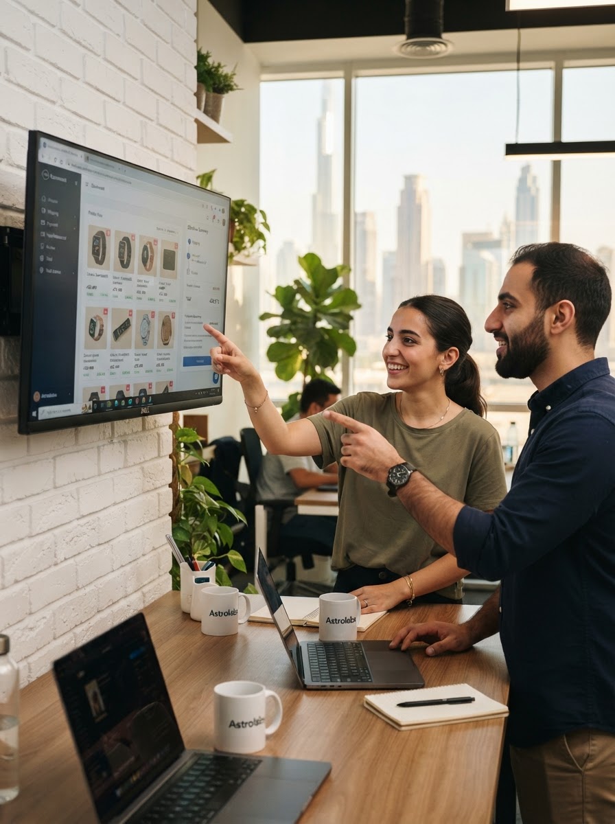 A Dedote development team reviewing an ecommerce admin dashboard in the office