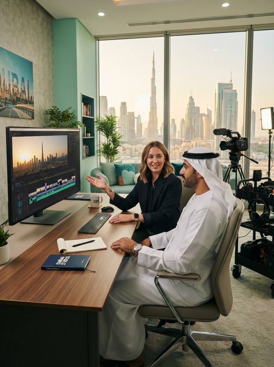 A Dedote production director reviewing footage with a client in the office