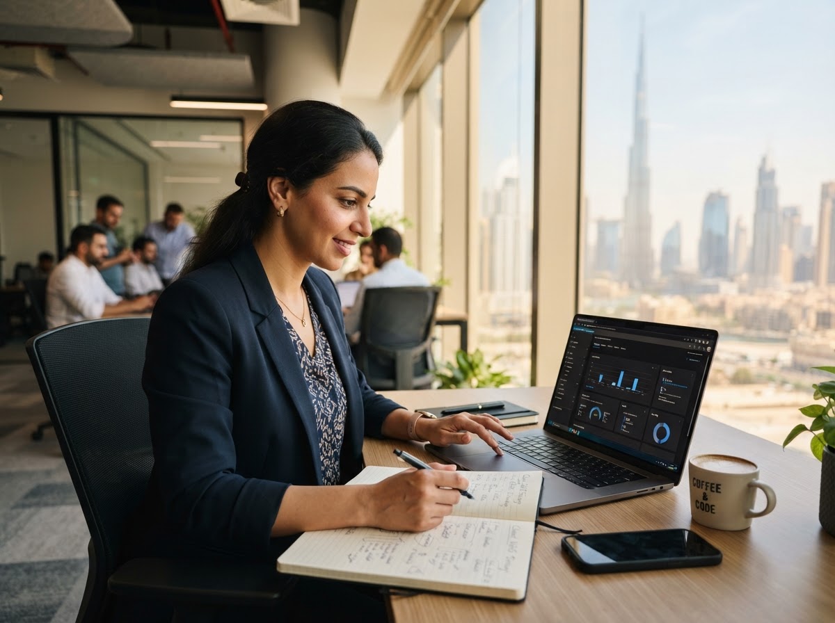 A Dedote IT consultant reviewing a Microsoft 365 admin dashboard on a laptop in a modern Dubai office