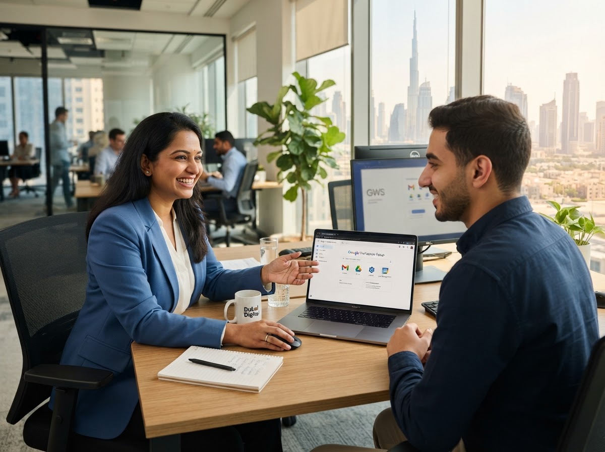 A Dedote IT consultant discussing Google Workspace setup with a colleague in a modern Dubai office
