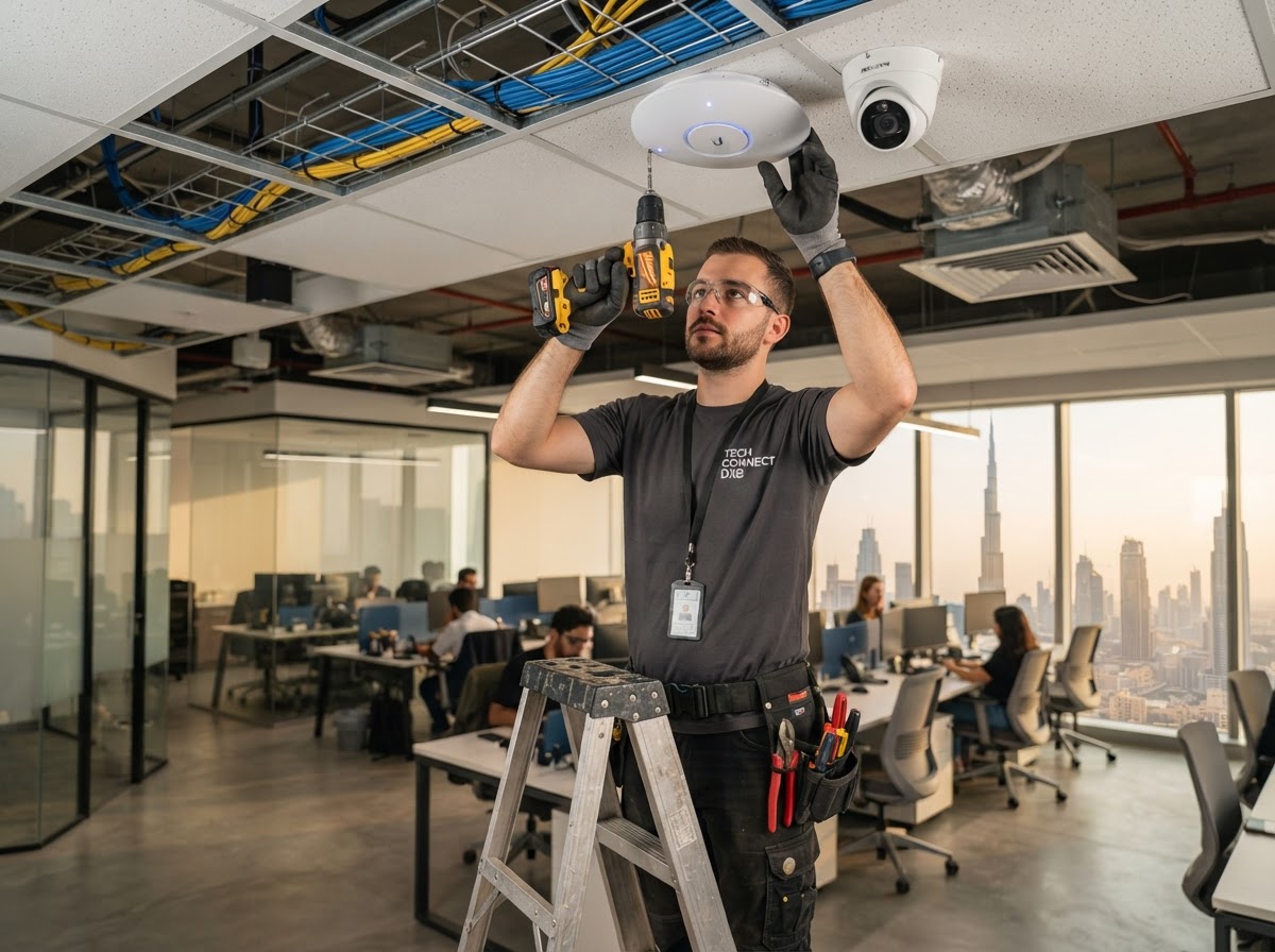 A Dedote technician installing CCTV cameras and network equipment in a Dubai office