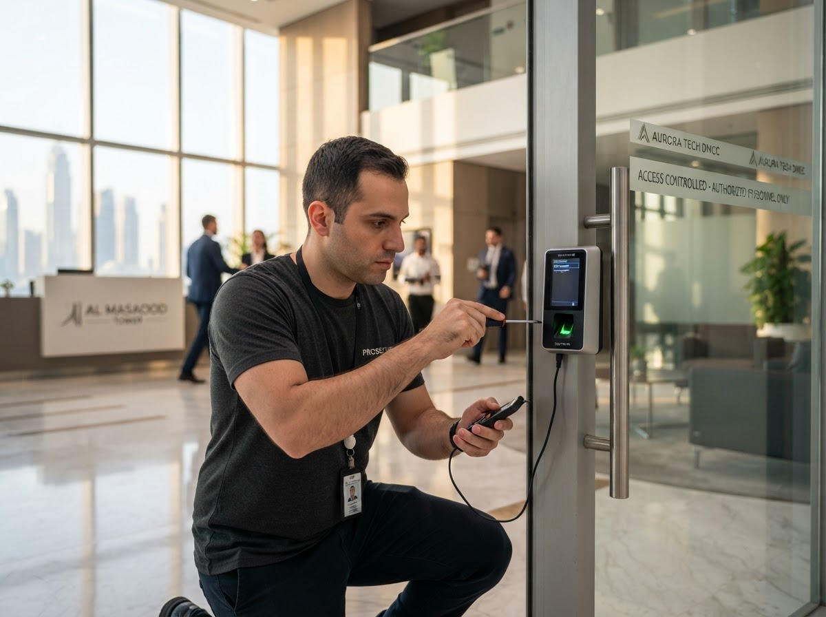 A Dedote technician configuring a biometric fingerprint access control reader on an office glass door