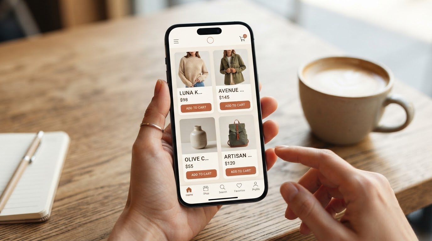 Online store on a mobile phone showing product listings and add to cart