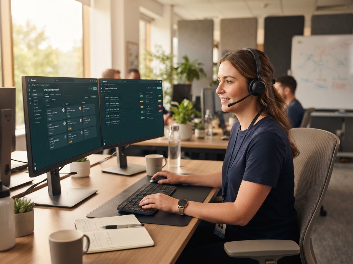 A Dedote IT support technician wearing a branded dark T-shirt at a desk with a headset reviewing a support dashboard