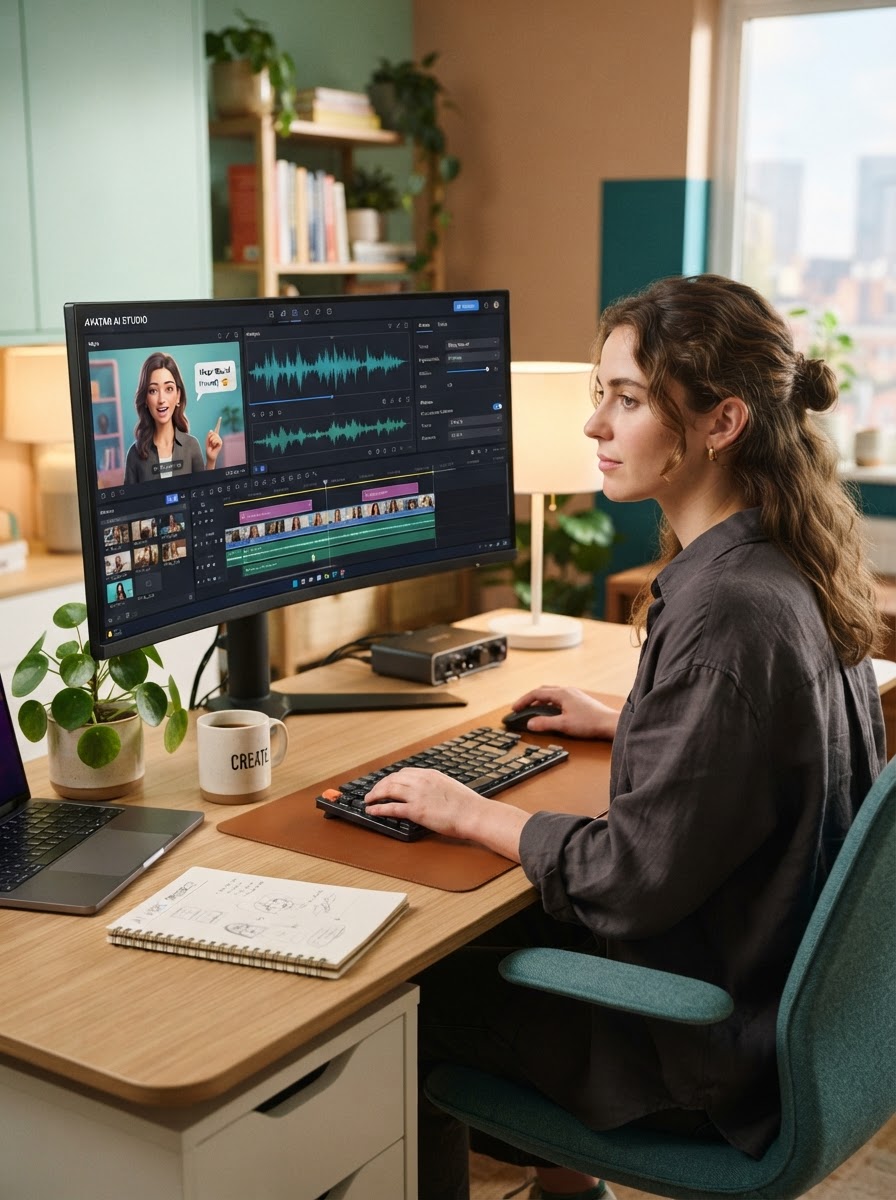 A Dedote team member reviewing an AI video generation interface on screen