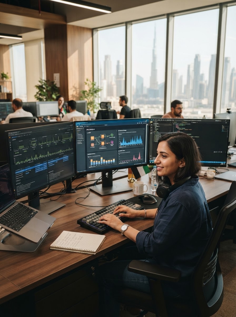A Dedote cloud engineer monitoring auto-scaling infrastructure at a workstation
