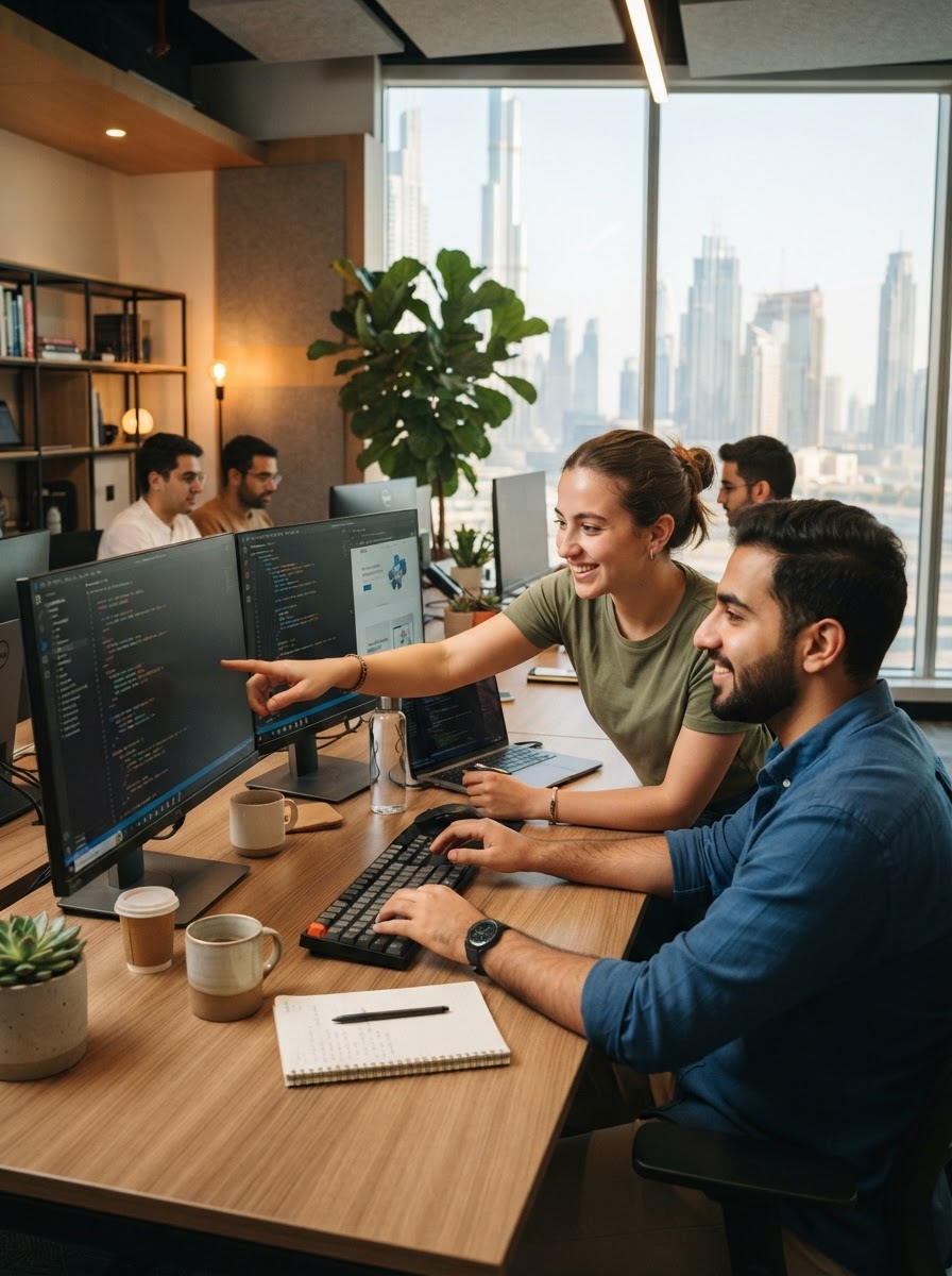 A Dedote web development team collaborating in the office