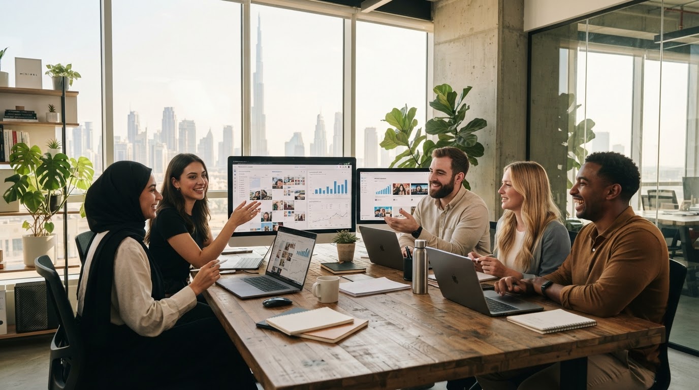 Social media team reviewing content calendar and analytics across platforms