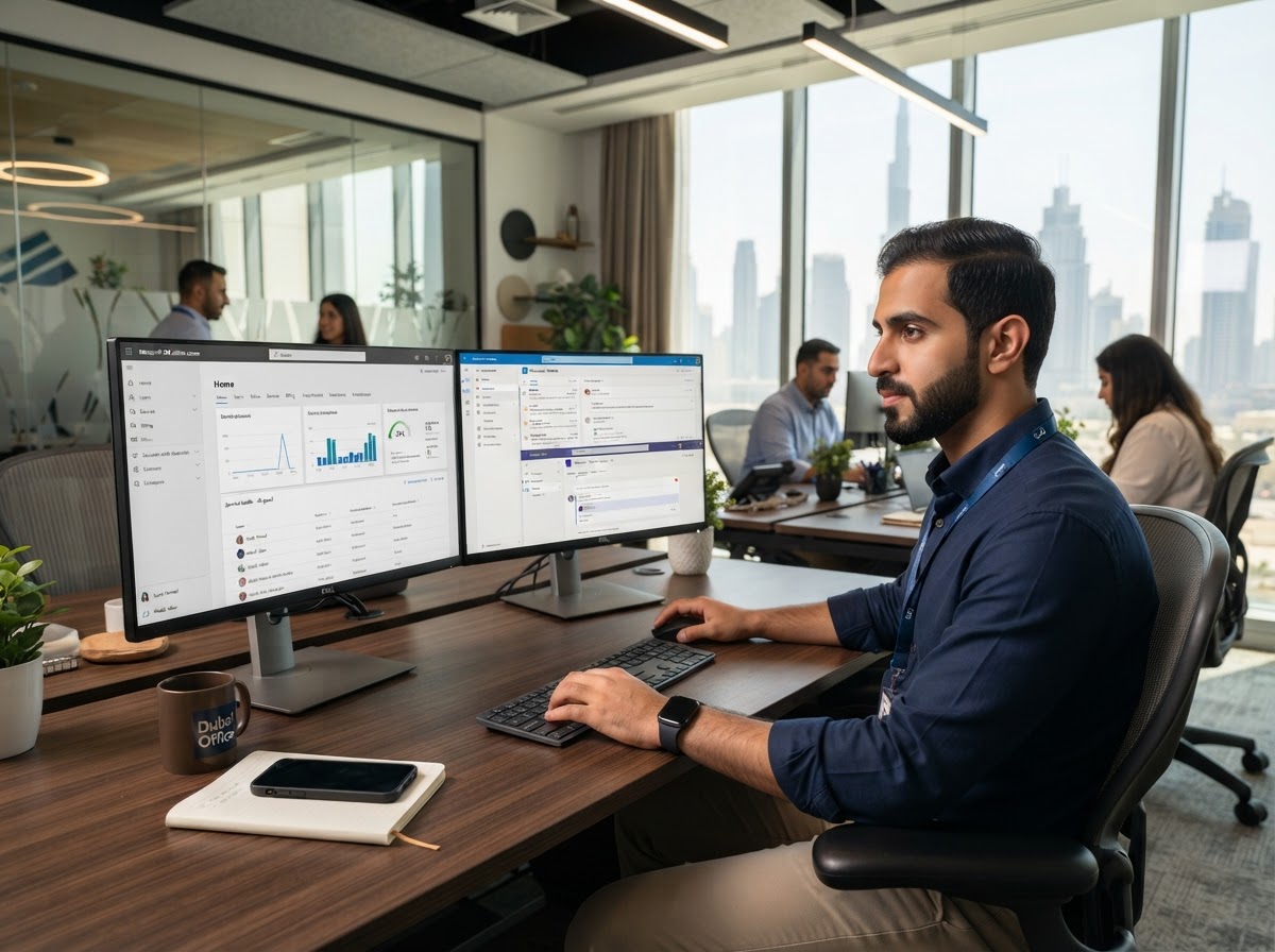 A Dedote IT admin configuring Microsoft 365 admin center on dual monitors in a modern Dubai office