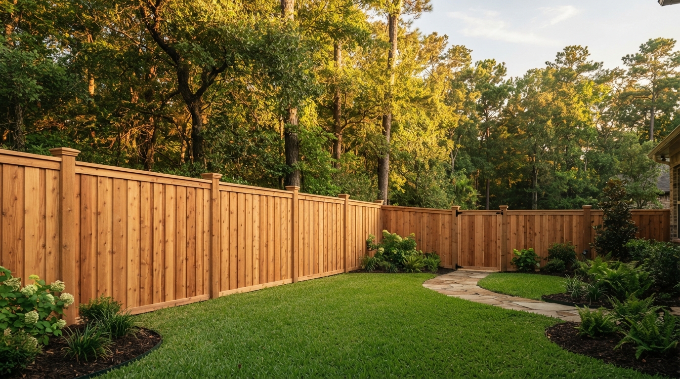 Newly installed cedar wood privacy fence in a wooded backyard in The Woodlands, Texas