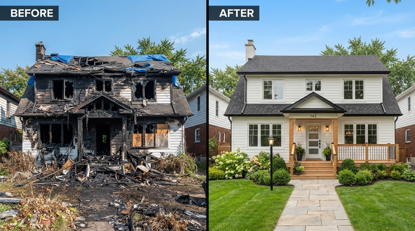 Split before-and-after showing fire and water damaged house restored and reconstructed by Quality Renovation