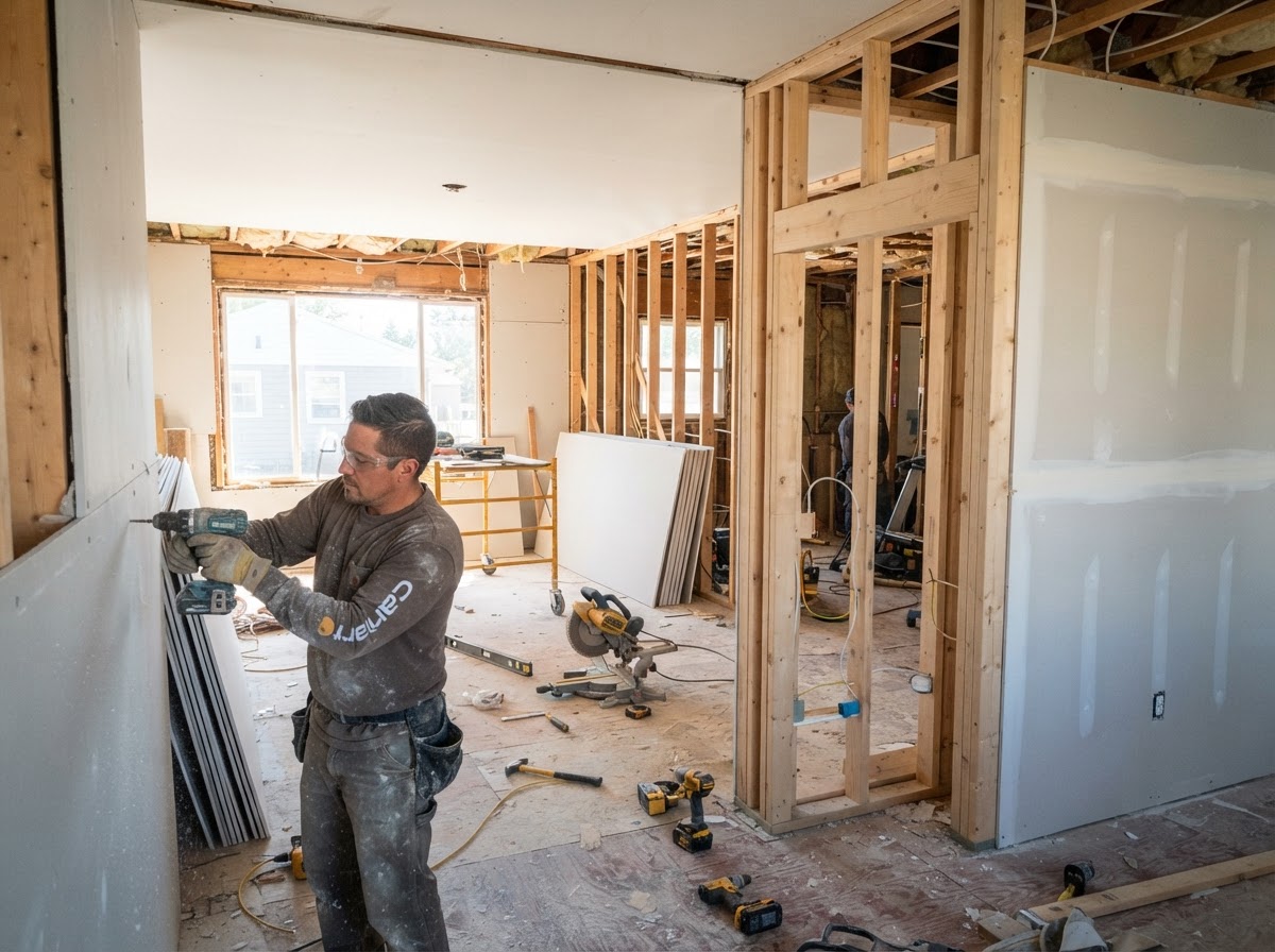 Interior reconstruction with new framing and drywall after fire damage