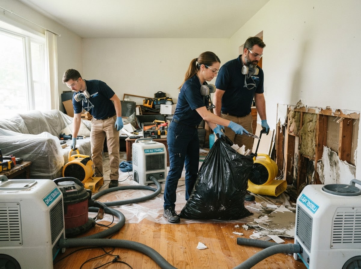 Restoration crew performing water damage mitigation with dehumidifiers and air movers