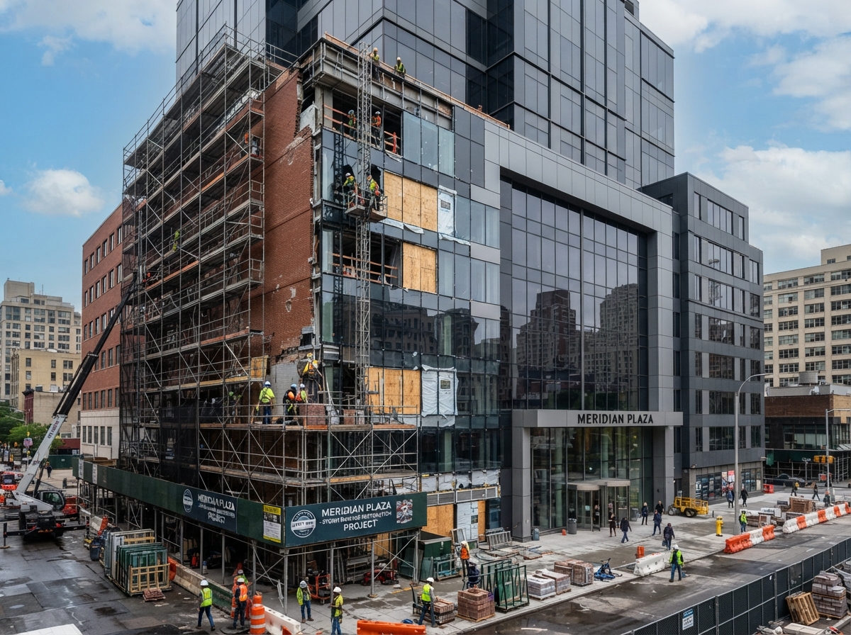 Commercial office building exterior being restored after storm damage