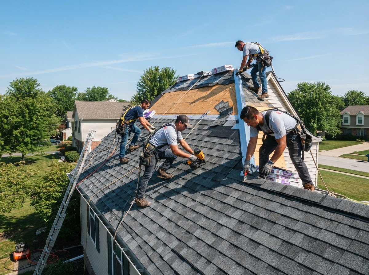 Roofing crew installing new shingles after storm and hail damage