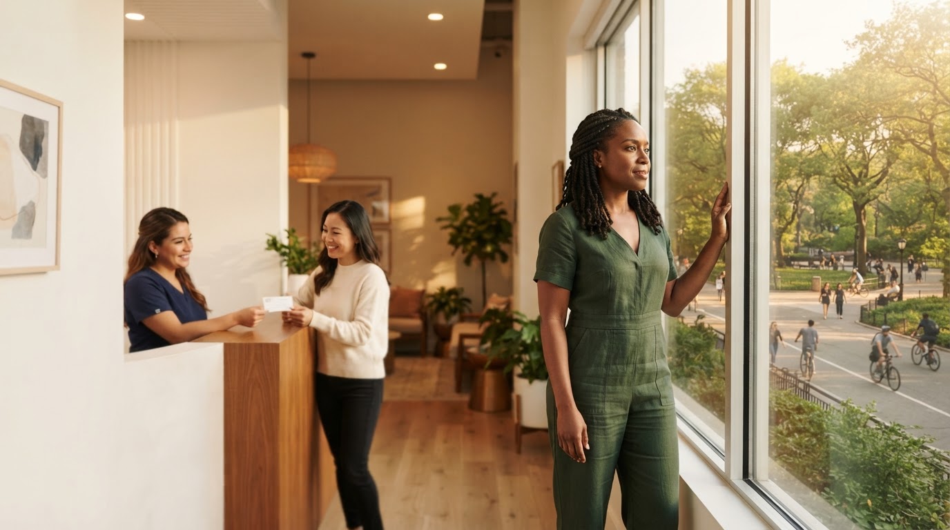 An independent dental practice owner standing inside her practice near the reception desk, looking through a sunlit window toward a green urban park.