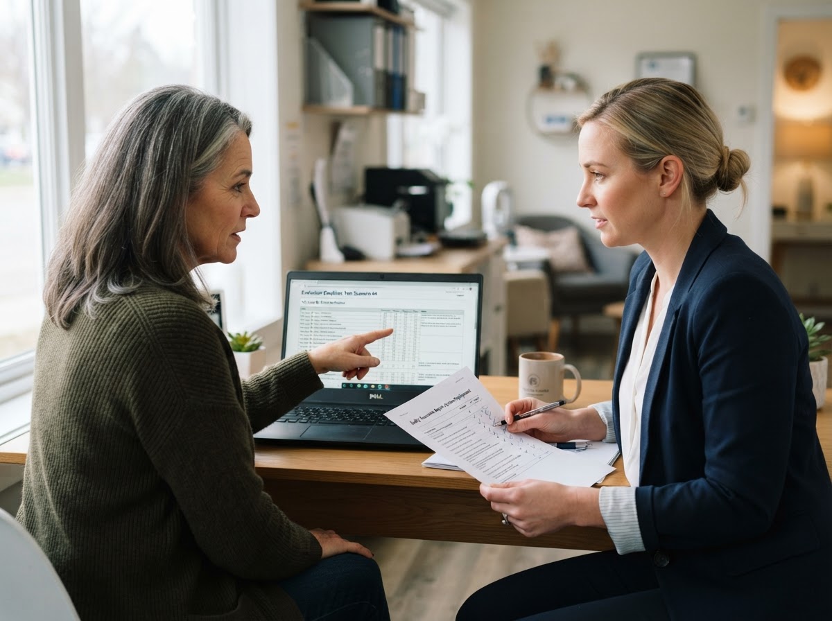 A manager and a business owner reviewing a test-scenario checklist and printed results together at a desk inside a bright independent practice, evaluating an employee before deployment.