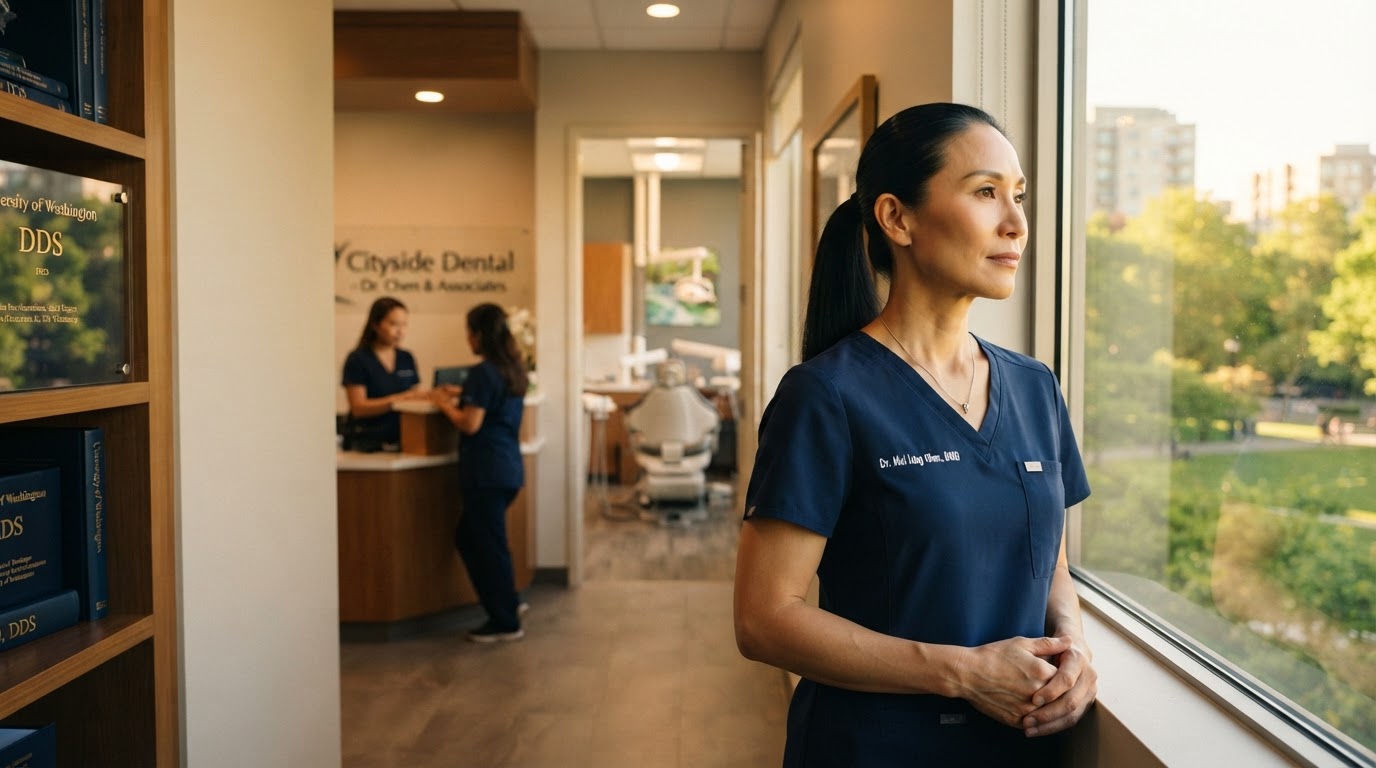 The same athletic, middle-aged Asian woman — the independent dental practice owner, with long straight dark-black hair worn loose and flowing freely and a clear unblemished complexion — now away from work, salsa dancing for leisure in warm golden-hour light on the right side of the scene at a lively open-air dance floor, smiling joyfully mid-spin in an elegant flowing dance outfit with string lights and a small salsa band in the softly blurred background.