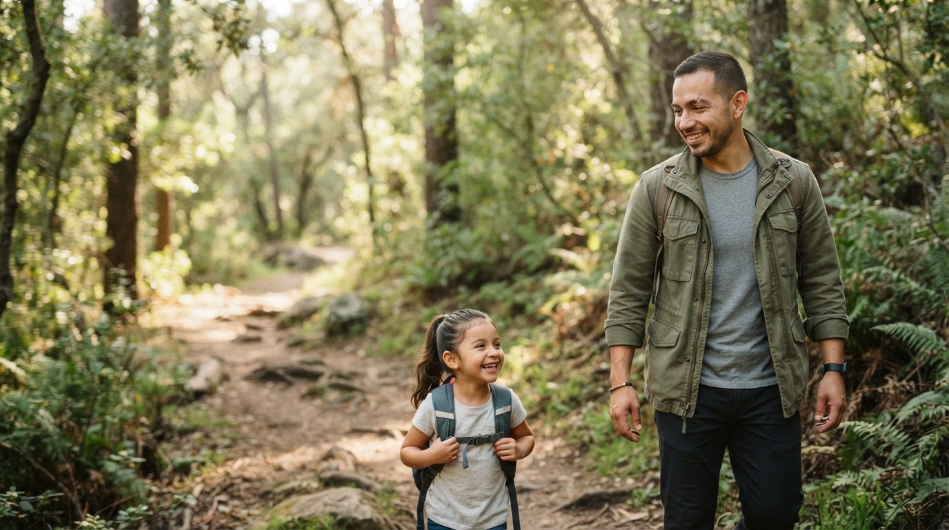The same Latino man chiropractic practice owner, now away from work, hiking a scenic wooded trail with his family on a weekend morning, relaxed and enjoying life outside the business.