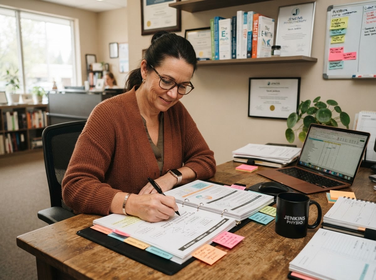 A local service business owner documenting a repeatable business process in a printed playbook binder at her desk inside her independent practice.
