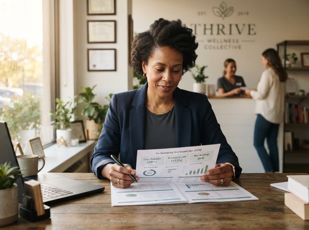 A manager reviewing activity and KPI performance on a printed weekly report at a desk inside an independent practice.