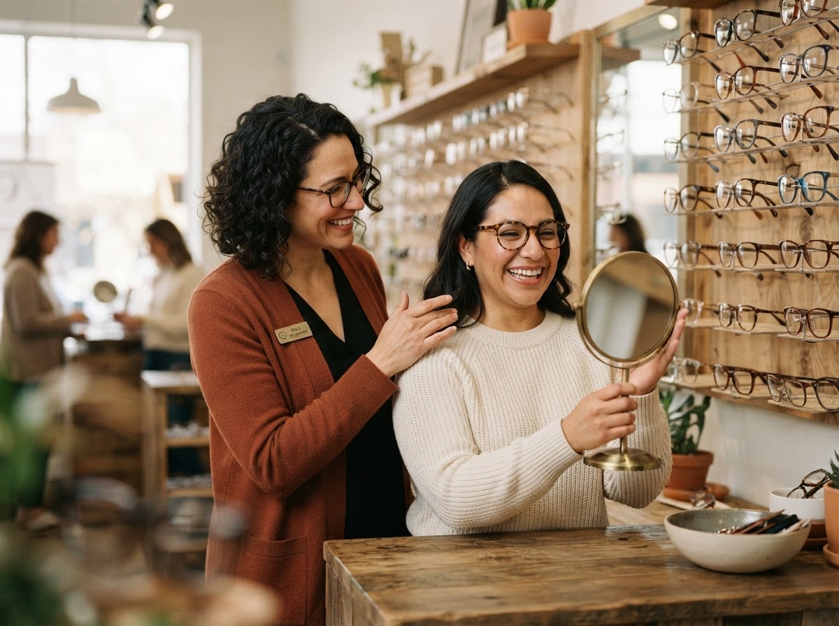 An optometry practice employee helping a patient select eyeglasses in a bright independent optometry practice.