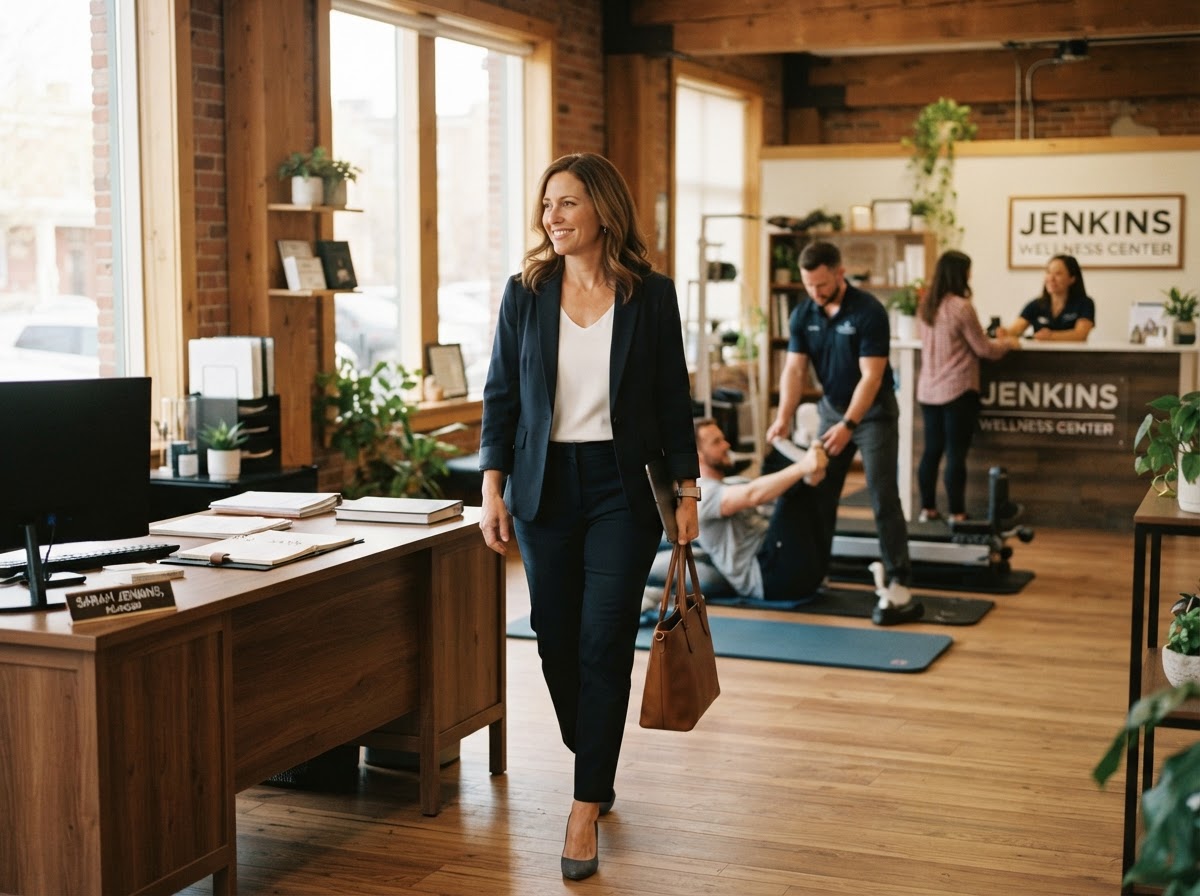 A local service business owner stepping away from her desk while her trained team continues operating the independent practice in the background.