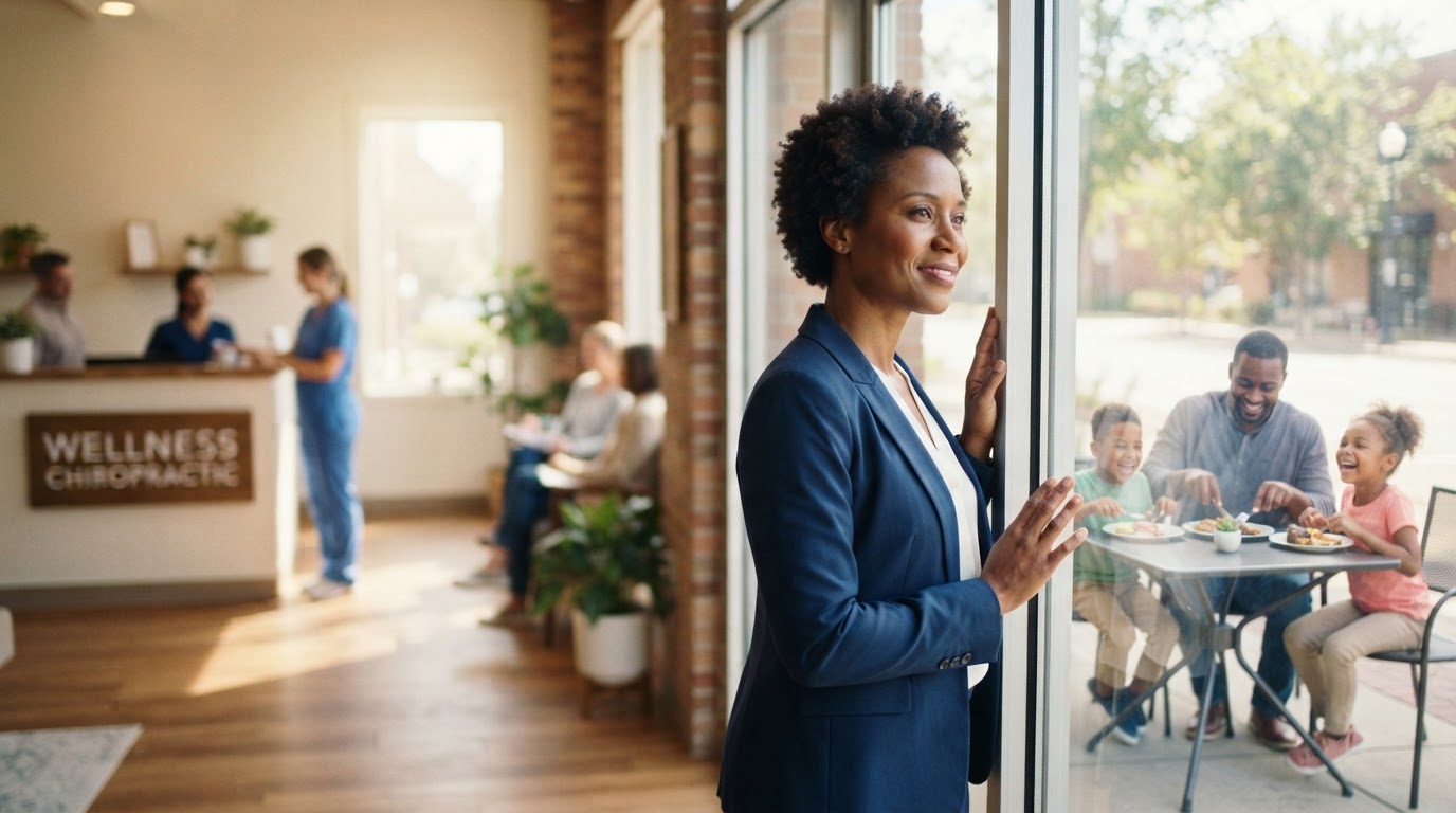 A chiropractic-practice owner in a navy blazer standing inside her independent practice near a tall window, looking out toward a sunny sidewalk café.