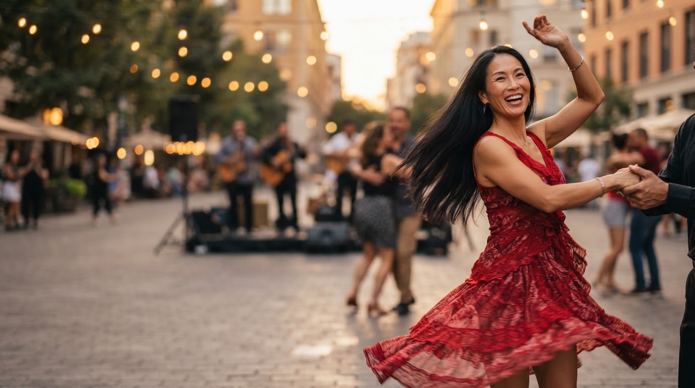The same athletic, middle-aged Asian woman — the independent dental practice owner, with long straight dark-black hair worn loose and flowing freely and a clear unblemished complexion — now away from work, salsa dancing for leisure in warm golden-hour light on the right side of the scene at a lively open-air dance floor, smiling joyfully mid-spin in an elegant flowing dance outfit with string lights and a small salsa band in the softly blurred background.