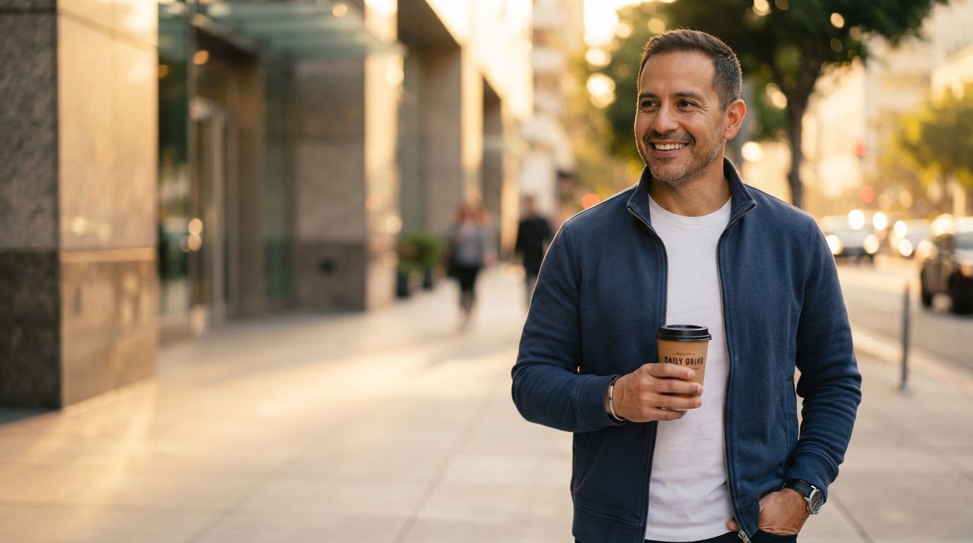 The same Latino man business owner in his early 40s with short dark hair and light stubble, now away from work, standing outside an office building in warm golden-hour sunlight holding a coffee cup, relaxed and confident.