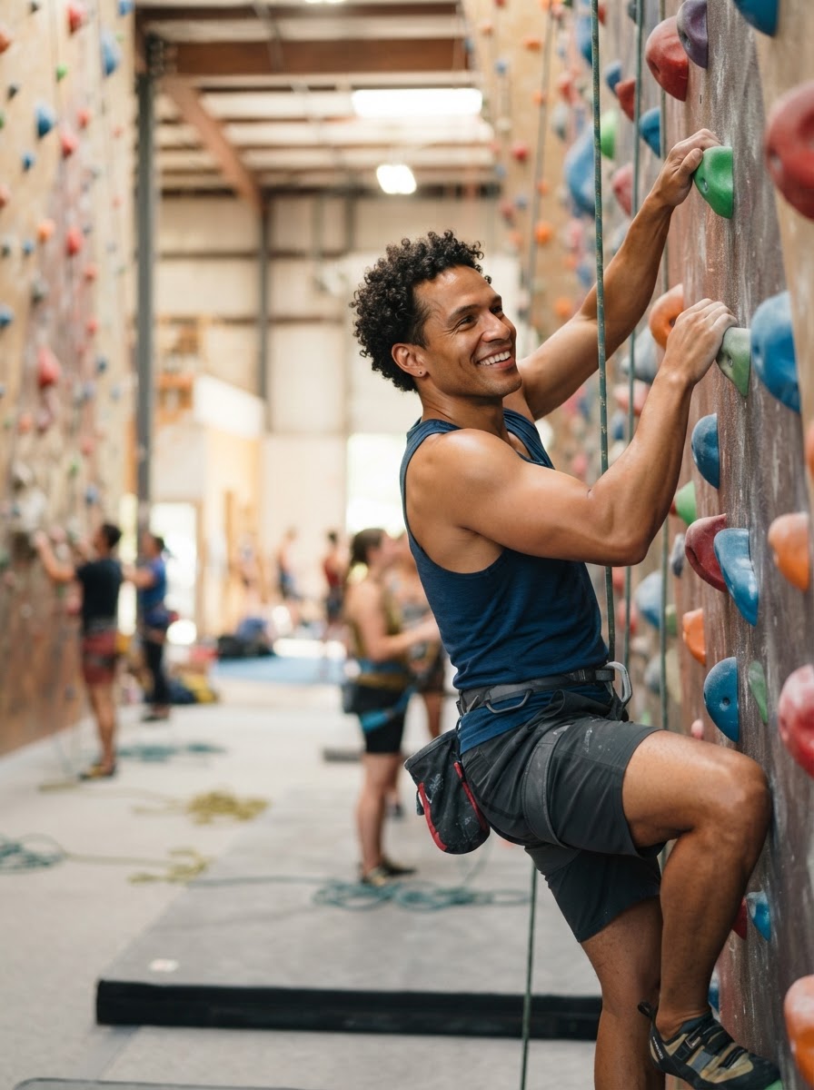 The same athletic, middle-aged Afro-Latino man — the independent chiropractic-practice owner, with dark tightly-coiled curly hair worn short-to-medium length, clean-shaven, and a clear unblemished complexion — now away from work, indoor rock climbing for leisure at a bright indoor climbing gym on the right side of the scene, smiling joyfully mid-reach up a colorful climbing wall in athletic climbing clothes with a chalk bag, with other climbers and padded mats in the softly blurred background.