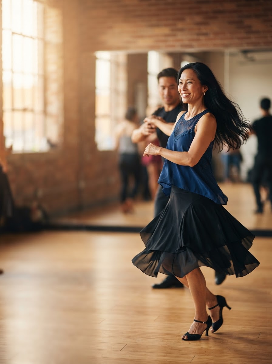 The same athletic, middle-aged Asian woman — the independent dental practice owner, with long straight dark-black hair worn loose and flowing freely and a clear unblemished complexion — now away from work, taking salsa lessons in a bright dance-studio salsa class on the right side of the scene, smiling joyfully mid-lesson in an elegant flowing dance outfit, with a salsa instructor and other students near a mirror wall in the softly blurred background.