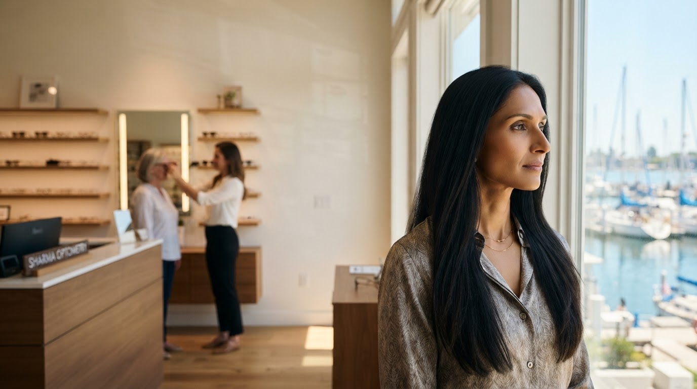 An athletic, middle-aged East Indian woman — an independent optometry-practice owner with long straight dark-brown-black hair worn loose and flowing freely, a clear unblemished complexion — standing inside her optometry practice on the right side of the scene near a wall display of eyeglass frames and a reception desk, gazing wistfully through a tall sunlit office window toward a bright waterfront marina with sailboats outside, her expression quiet and longing to leave yet silently stuck in place because the practice depends entirely on her, while a human optical employee helps a patient try on frames at a fitting mirror in the softly blurred background.
