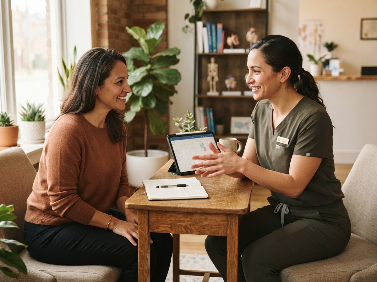 A chiropractic practice employee helping a patient understand movement in a bright independent chiropractic practice.