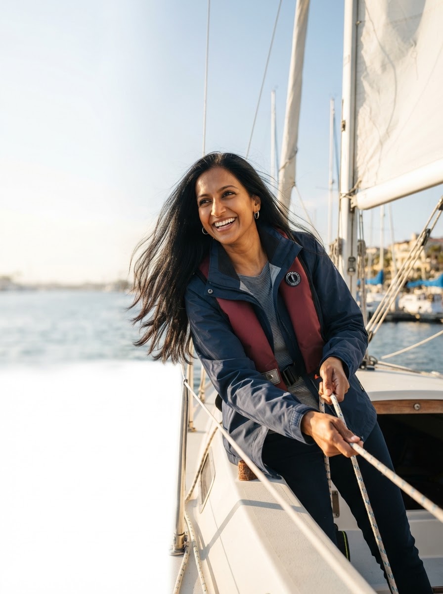 The same athletic, middle-aged East Indian woman — the independent optometry-practice owner, with long straight dark-brown-black hair worn loose and flowing freely in the wind and a clear unblemished complexion — now away from work, sailing for leisure on the right side of the scene at a bright sunny marina on open water, smiling joyfully as she leans in to trim the sail of a small sailboat in a casual sailing outfit with a life vest, wind in her hair, with other sailboats and a sunny shoreline in the softly blurred background.