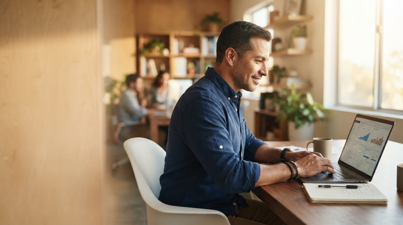 A confident Latino man business owner in his early 40s with short dark hair and light stubble, sitting at a clean modern desk in a bright local business office, reviewing a laptop screen with a warm professional expression.