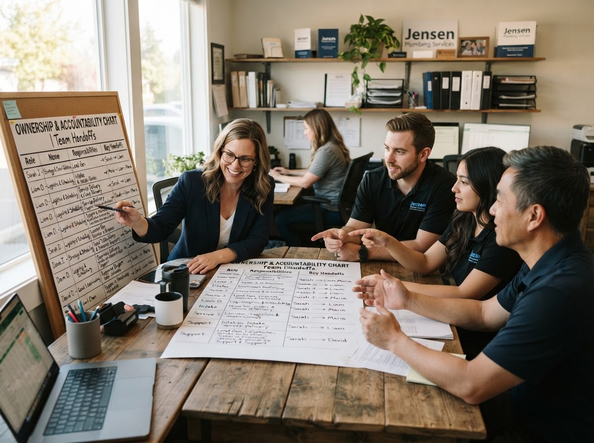 A local service business owner and a small team assigning responsibility and reviewing handoffs on a printed accountability chart inside an independent practice.