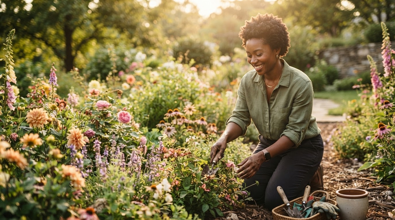 The same independent dental practice owner with short natural hair, now away from work, kneeling among blooming flowers in her backyard garden in warm golden-hour sunlight, relaxed and contented while tending to her plants.