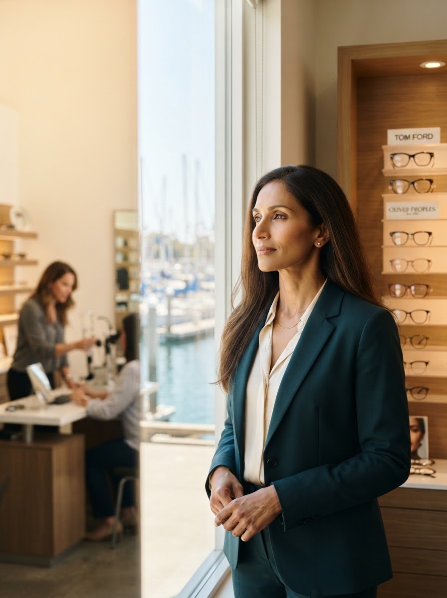 An athletic, middle-aged East Indian woman — an independent optometry-practice owner with long straight dark-brown-black hair worn loose and flowing freely, a clear unblemished complexion — standing inside her optometry practice on the right side of the scene near a wall display of eyeglass frames and a reception desk, gazing wistfully through a tall sunlit office window toward a bright waterfront marina with sailboats outside, her expression quiet and longing to leave yet silently stuck in place because the practice depends entirely on her, while a human optical employee helps a patient try on frames at a fitting mirror in the softly blurred background.