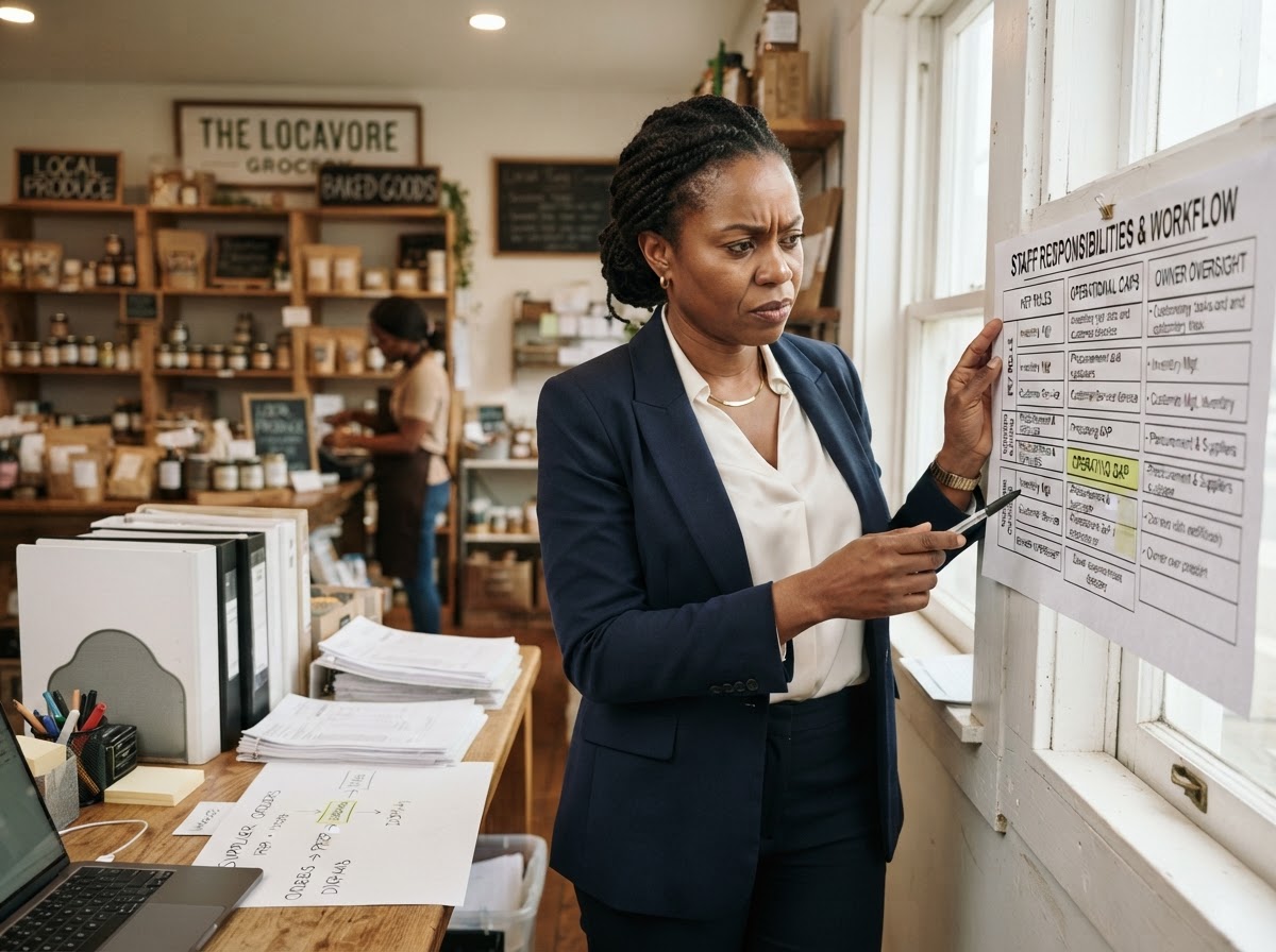 A local service business owner examining missed opportunities and a performance scorecard at her desk inside her independent practice.