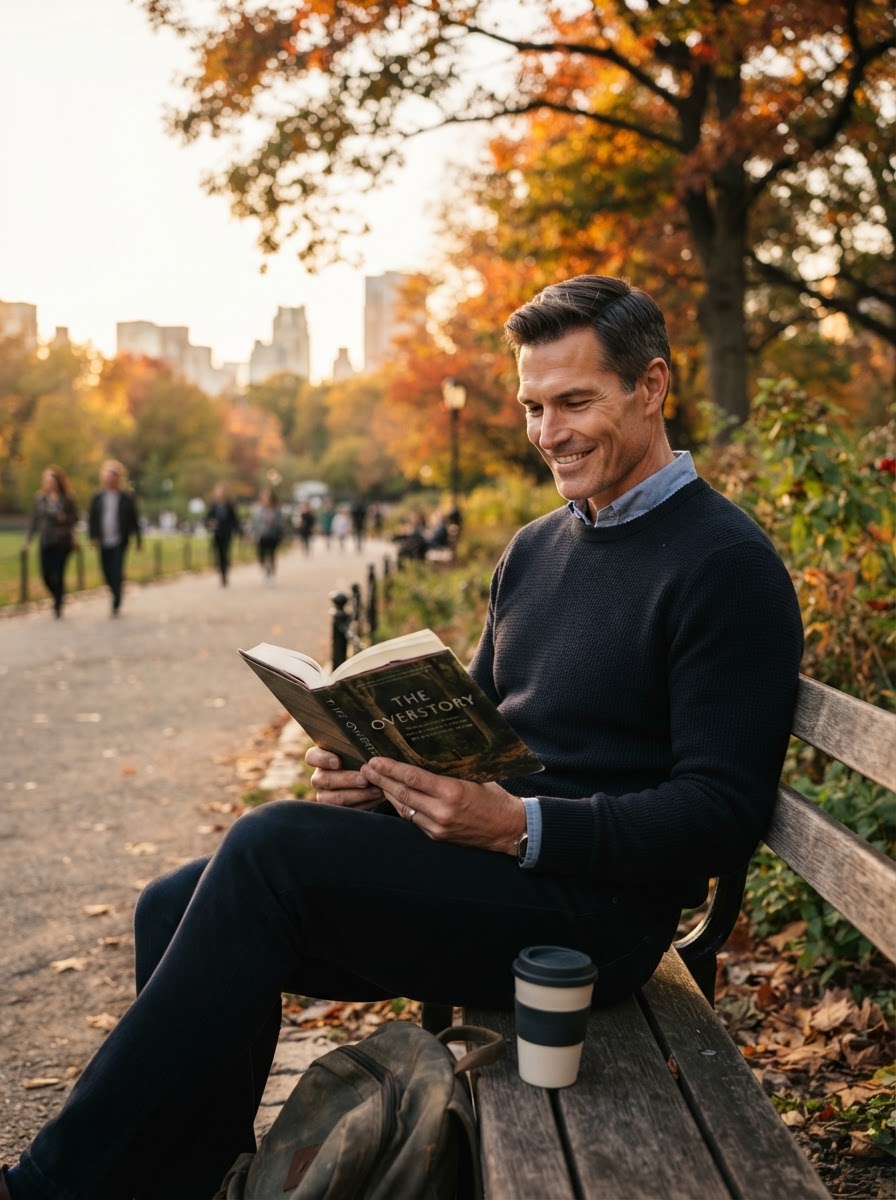 The same athletic, middle-aged white man — the independent healthcare practice owner, clean-shaven with a clear unblemished complexion — now away from work, relaxing on a sunny park bench in warm golden-hour light on the right side of the scene, smiling peacefully while reading an open book with a reusable coffee cup beside him, autumn trees and a city path behind him.