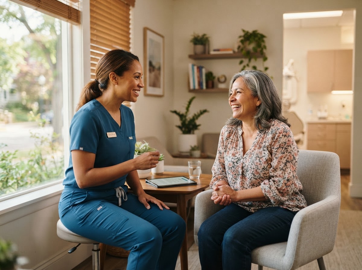 A dental practice employee speaking warmly with a smiling patient in a bright independent dental practice.