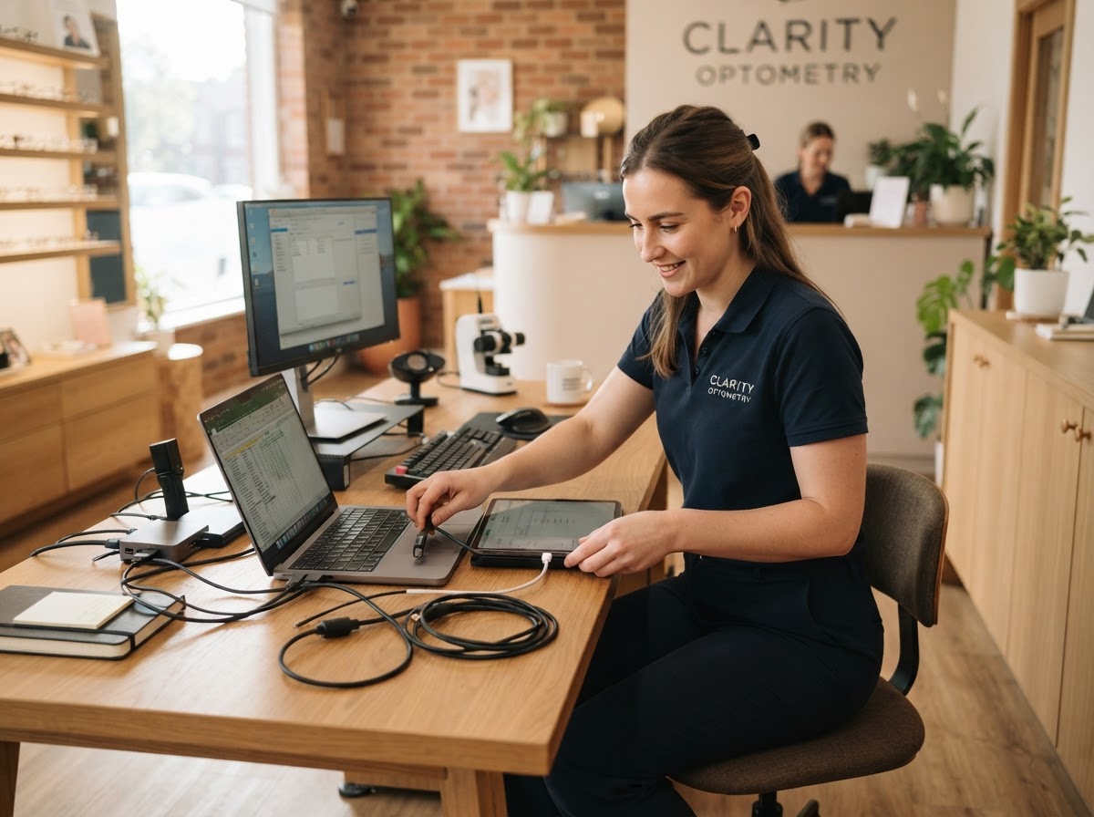 An employee preparing and connecting the systems and tools needed to perform a job, arranging a laptop and tablet on a desk inside a bright independent practice.