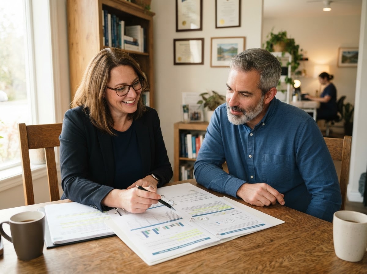 A manager and business owner having an evidence-based coaching and development conversation, reviewing printed performance notes together at a desk inside a bright independent practice.