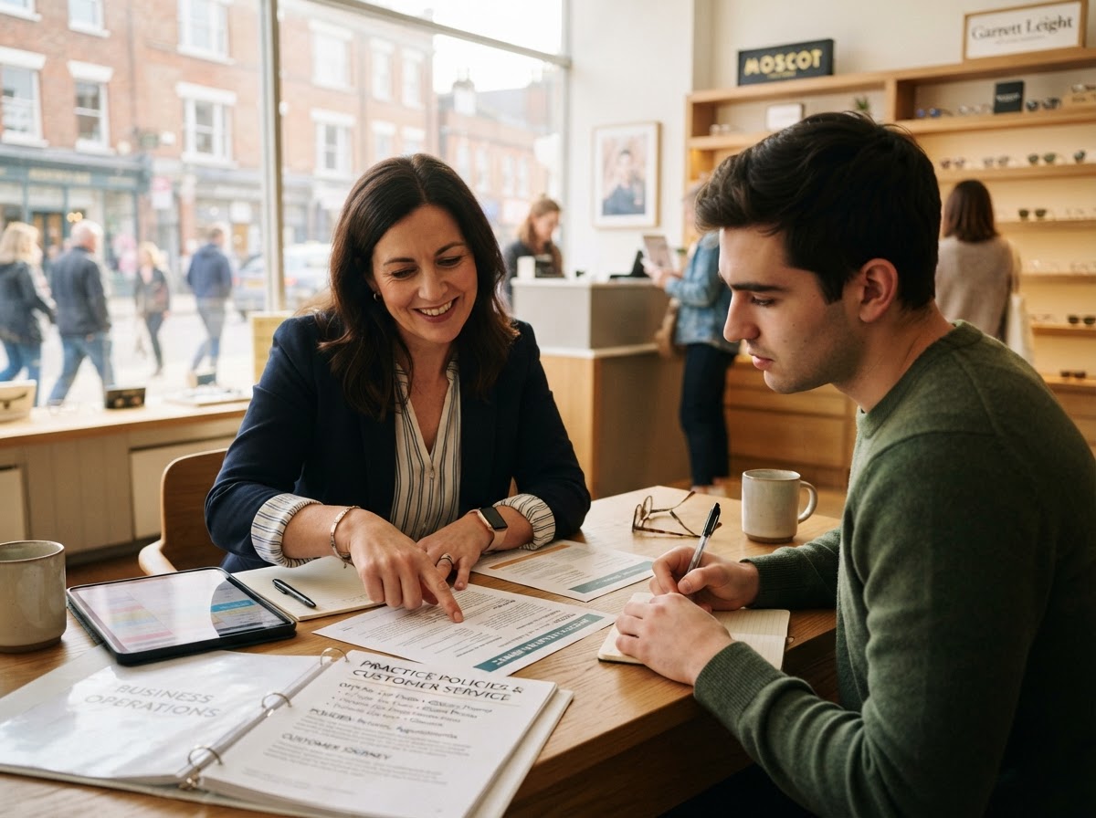 A manager teaching an employee about the business, pointing at printed materials covering customers, offers, and policies at a desk inside a bright independent practice.