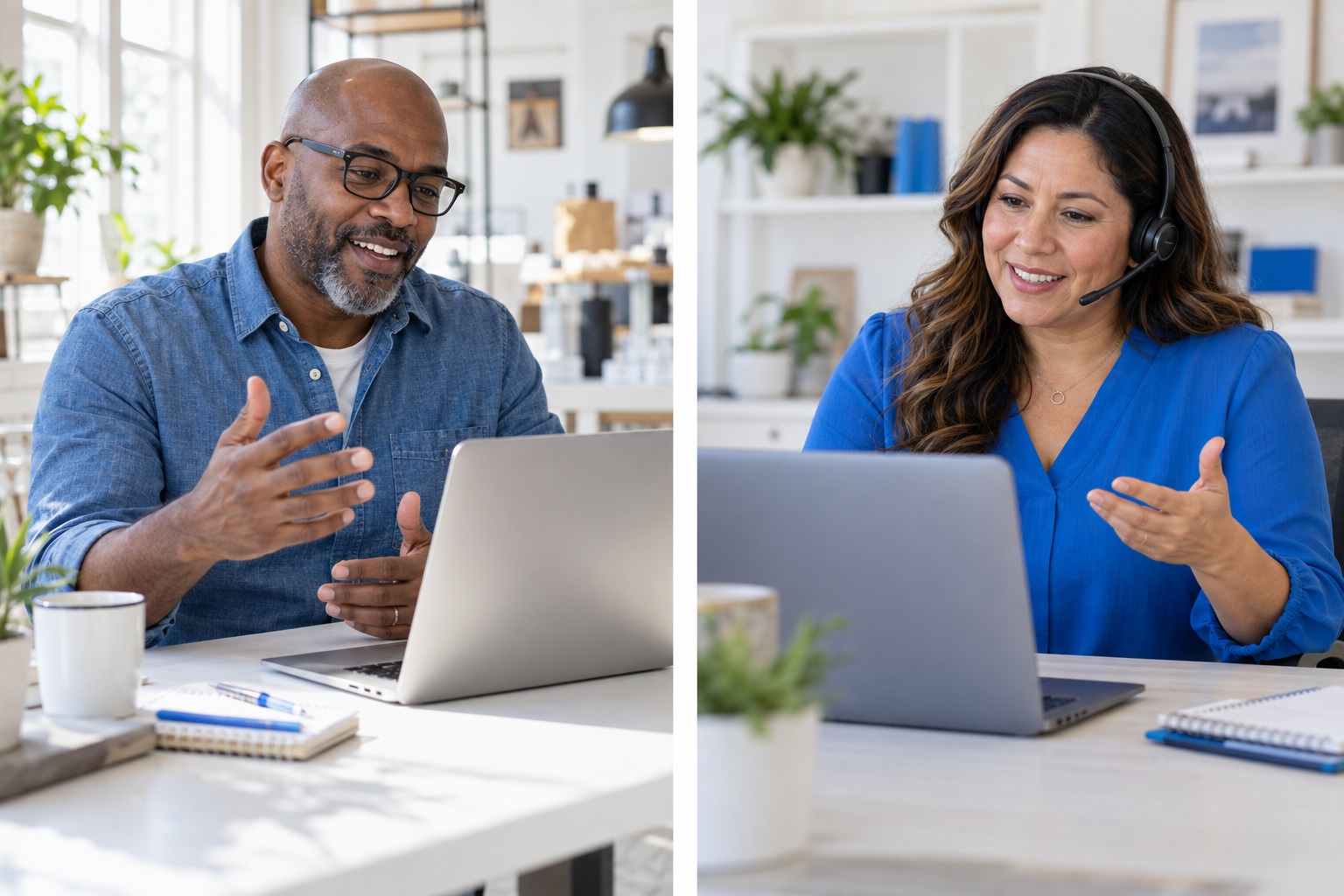 Illustration of a business owner speaking remotely with a headset-wearing support professional.