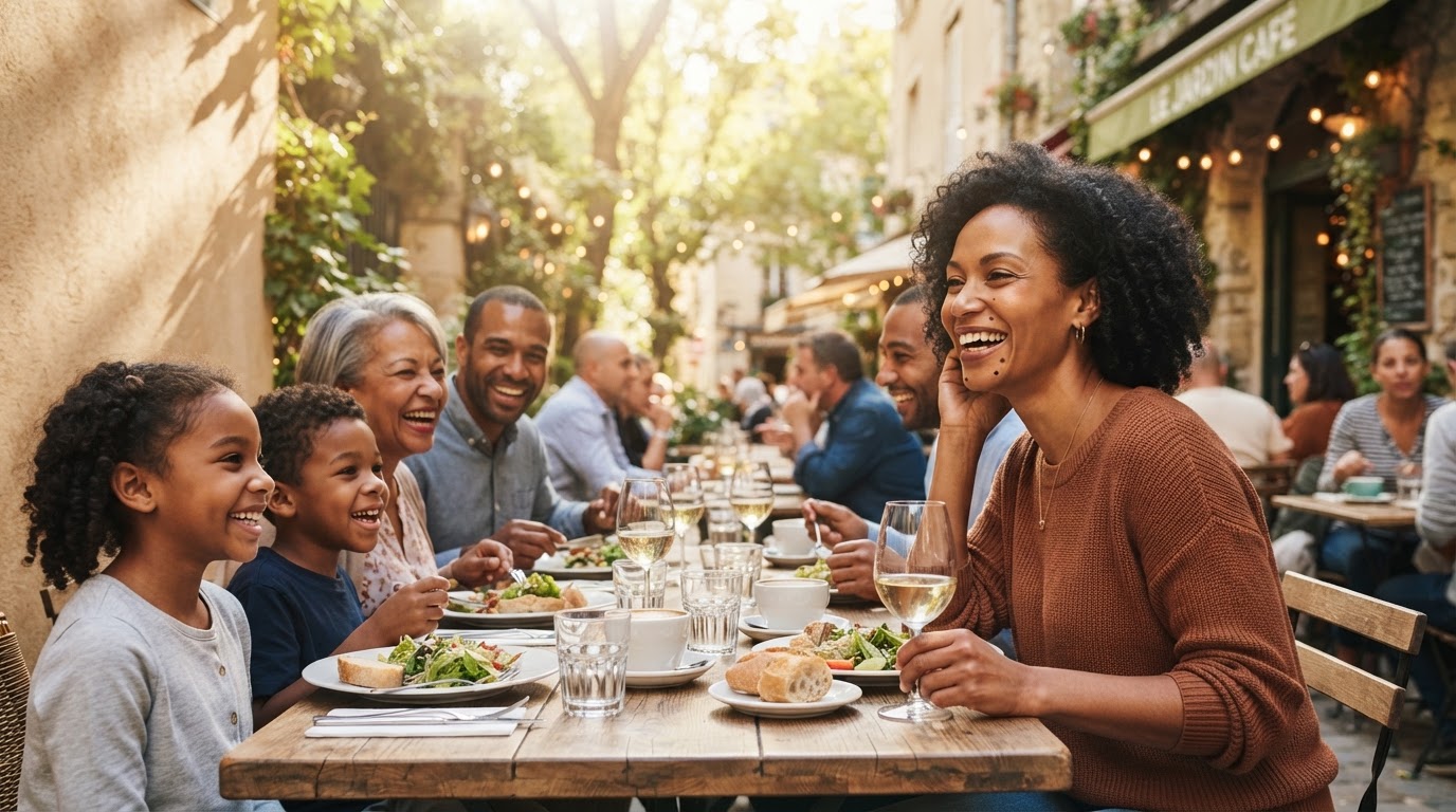 The same Black woman dental practice owner, now away from work, laughing warmly while dining outdoors at a sunny cafe patio table with family and friends, relaxed and enjoying life outside the business.