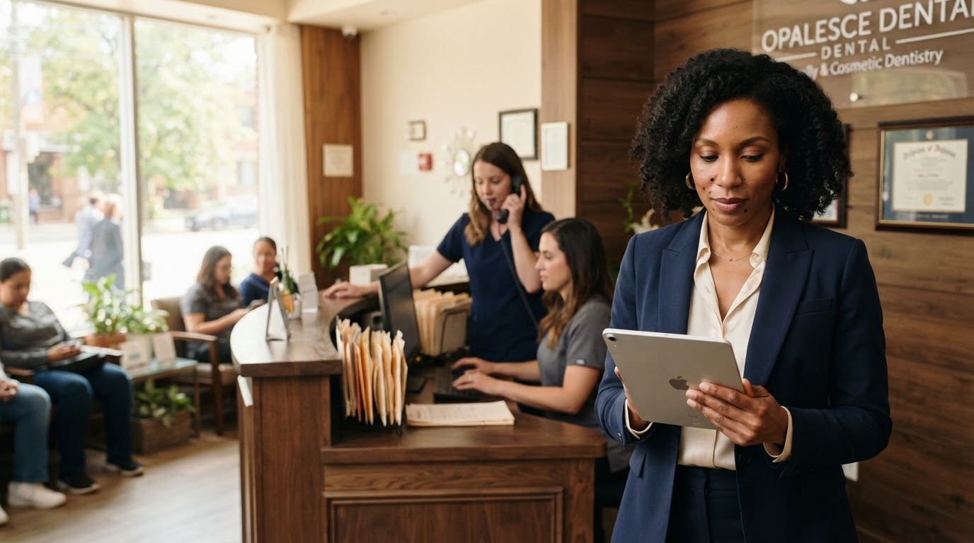 A Black woman dental practice owner stands inside her clinic reception reviewing the day's appointment schedule on a tablet while her team works behind the front desk, engaged and in control of running the business.