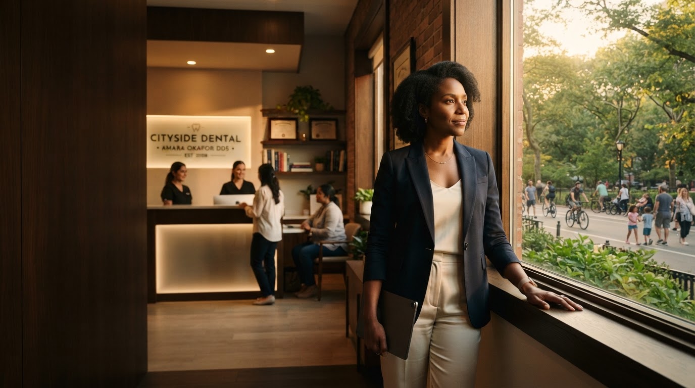 A confident owner-dentist in her independent dental practice near a tall window, looking toward a sunlit green city park.